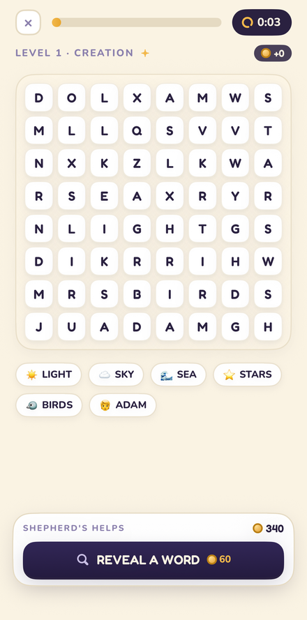 Word Search — find the Creation words in the grid